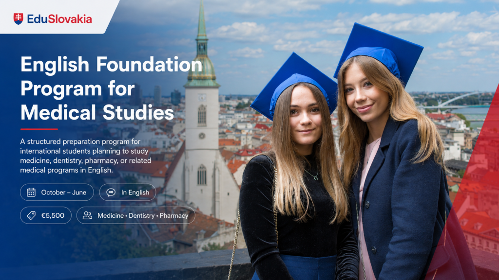 International students in graduation caps in Bratislava promoting EduSlovakia English Foundation Program for Medical Studies
