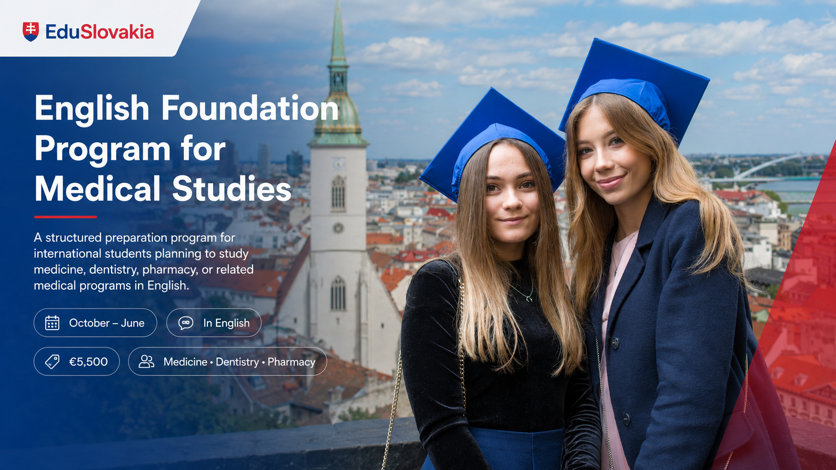 International students in graduation caps in Bratislava promoting EduSlovakia English Foundation Program for Medical Studies