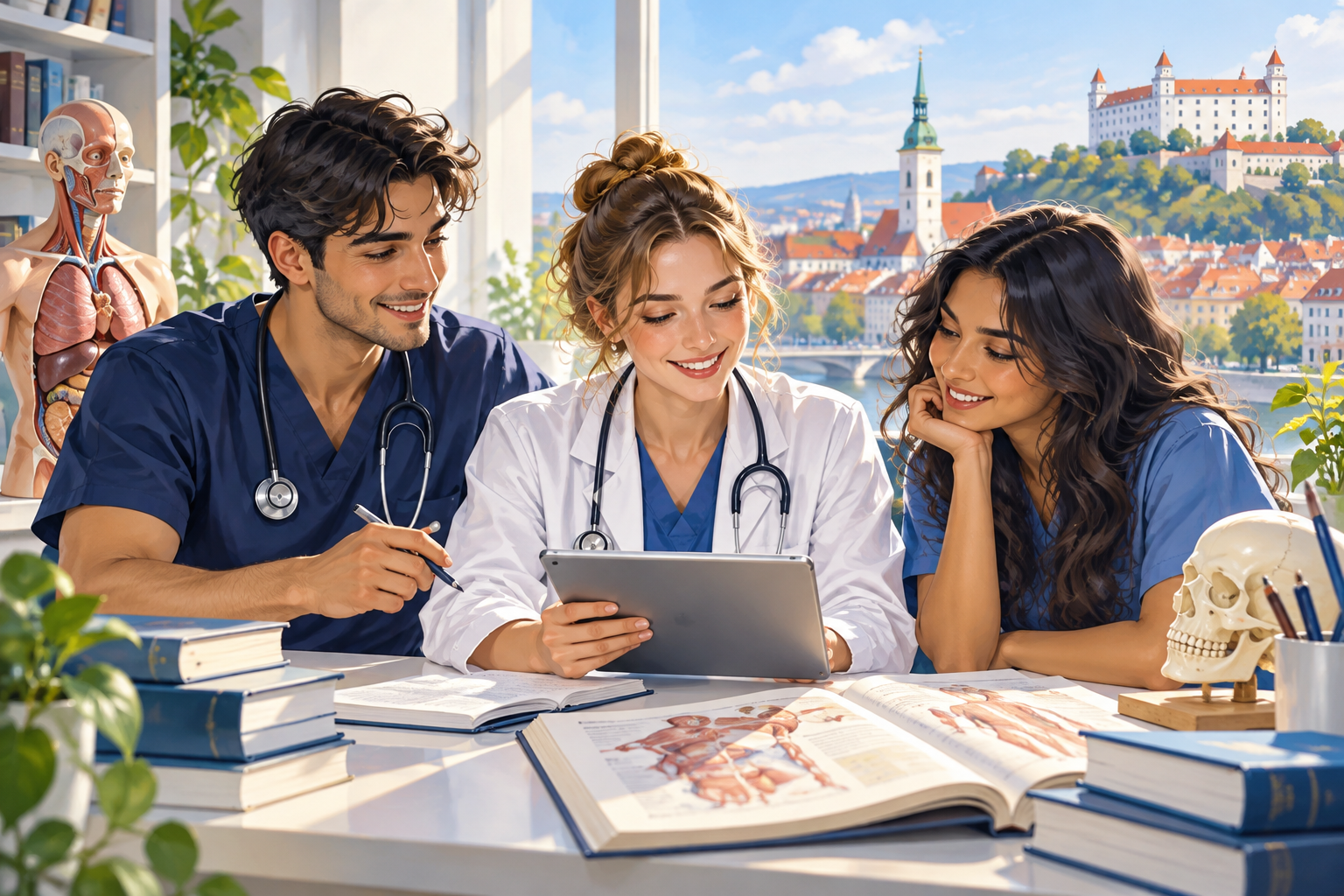 Illustration of international medical students studying together in Bratislava