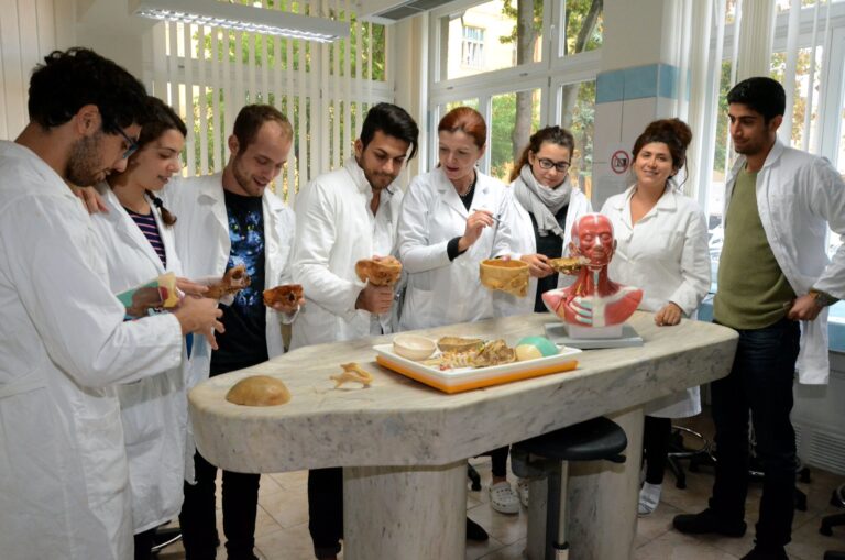 Students and an instructor examining anatomy models